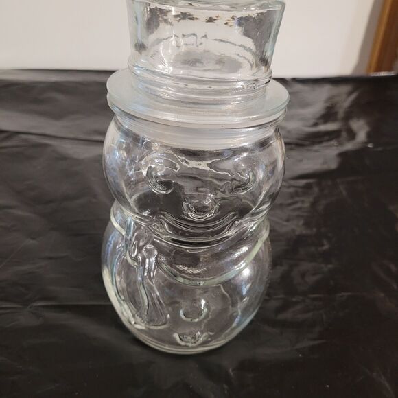 Libbey Clear glass snowman with hat lid candy jar 7.5" tall Holiday - Picture 1 of 6
